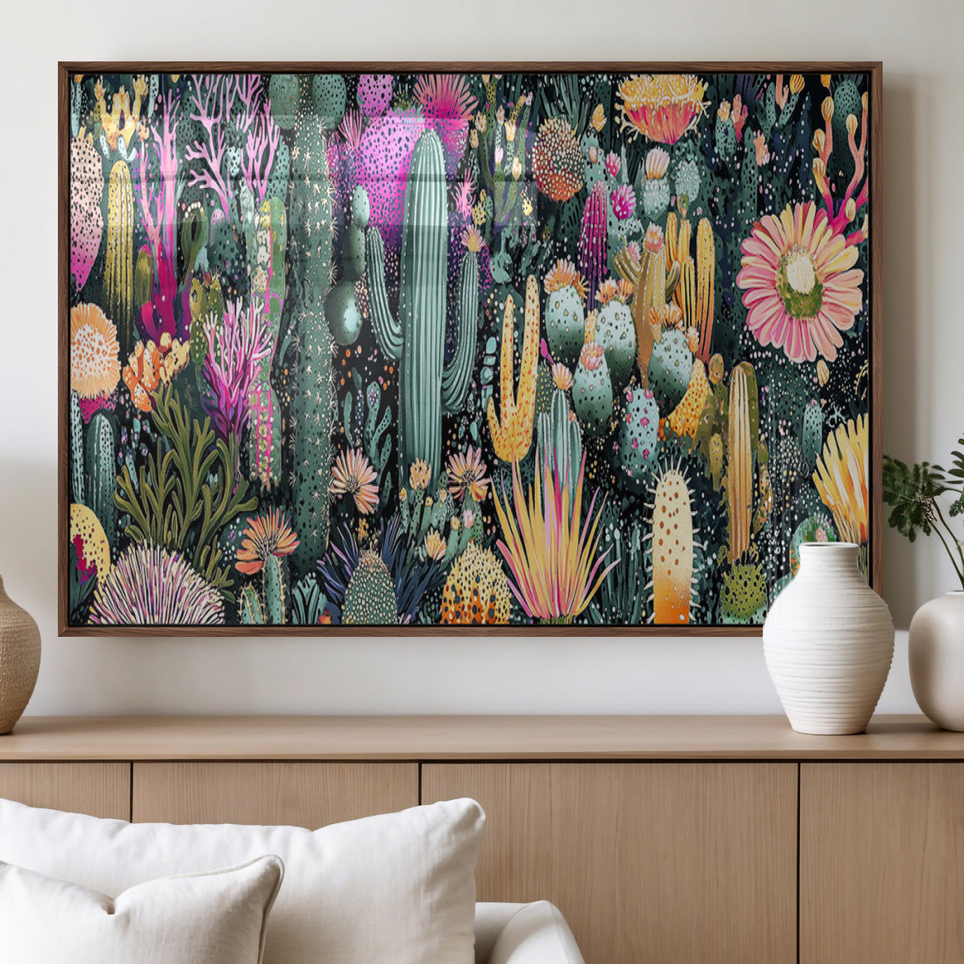 Colorful and detailed painting of various cacti and desert flowers in vibrant hues on a dark background – Wall Art Canvas Print.