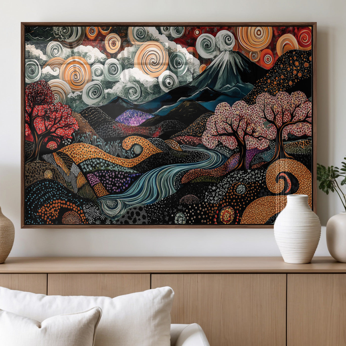 Vibrant abstract landscape painting featuring swirling clouds, colorful trees, flowing river, and textured hills under a mountain – Wall Art Canvas Print.