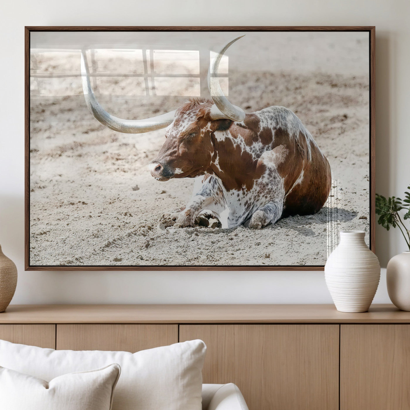 MGV-FP-60X30-3P - Majestic Longhorn Resting on Sunlit Desert Ground – Striking Western-Themed Wall Art Canvas Print
