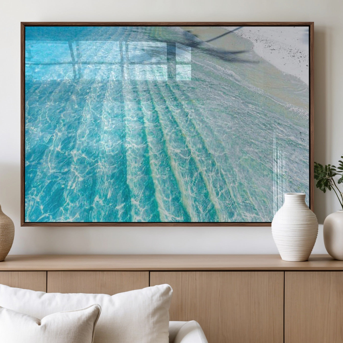 17528159-MGV-CV-60X30-3P_Walnut-Crystal Clear Shallow Ocean Water with Sunlight Reflections and Palm Tree Shadow on Sandy Beach – Beautiful Wall Art Canvas Print for Coastal Decor