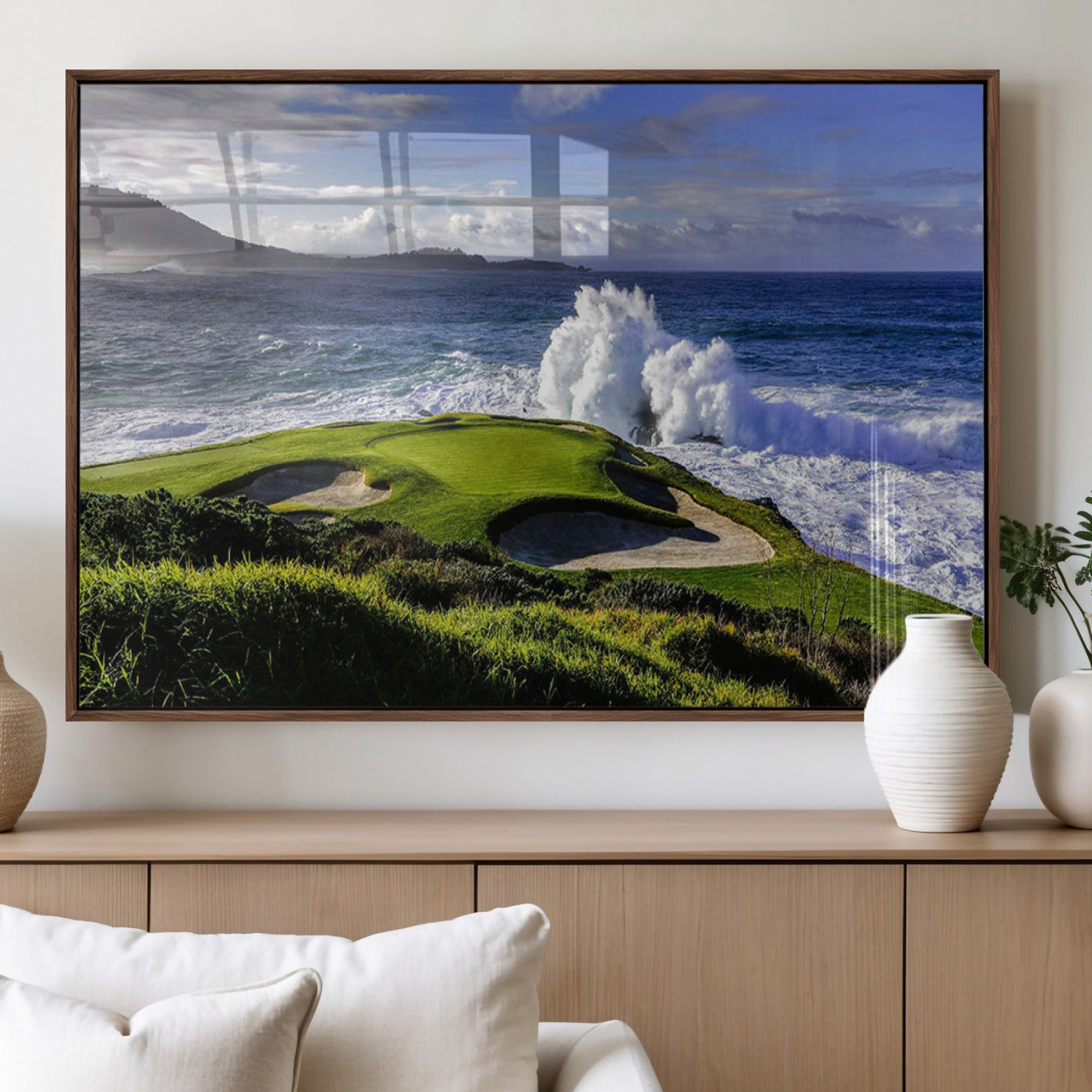 78508908-MGV-CV-60X30-3P_Walnut-Dramatic Ocean Waves Crashing Against Rocky Coastline Near a Green Golf Course – Stunning Wall Art Canvas Print for Nature and Sports Lovers