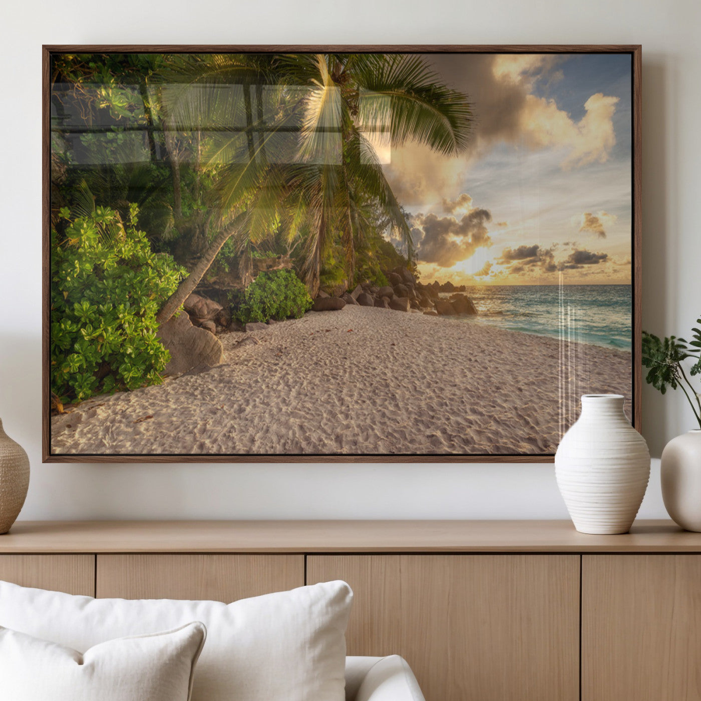 89531159-MGV-CV-60X30-3P_Walnut-Tropical beach sunset, palm trees, white sand, ocean waves, golden sky, serene landscape, nature beauty, tranquil shore, Wall Art Canvas Print