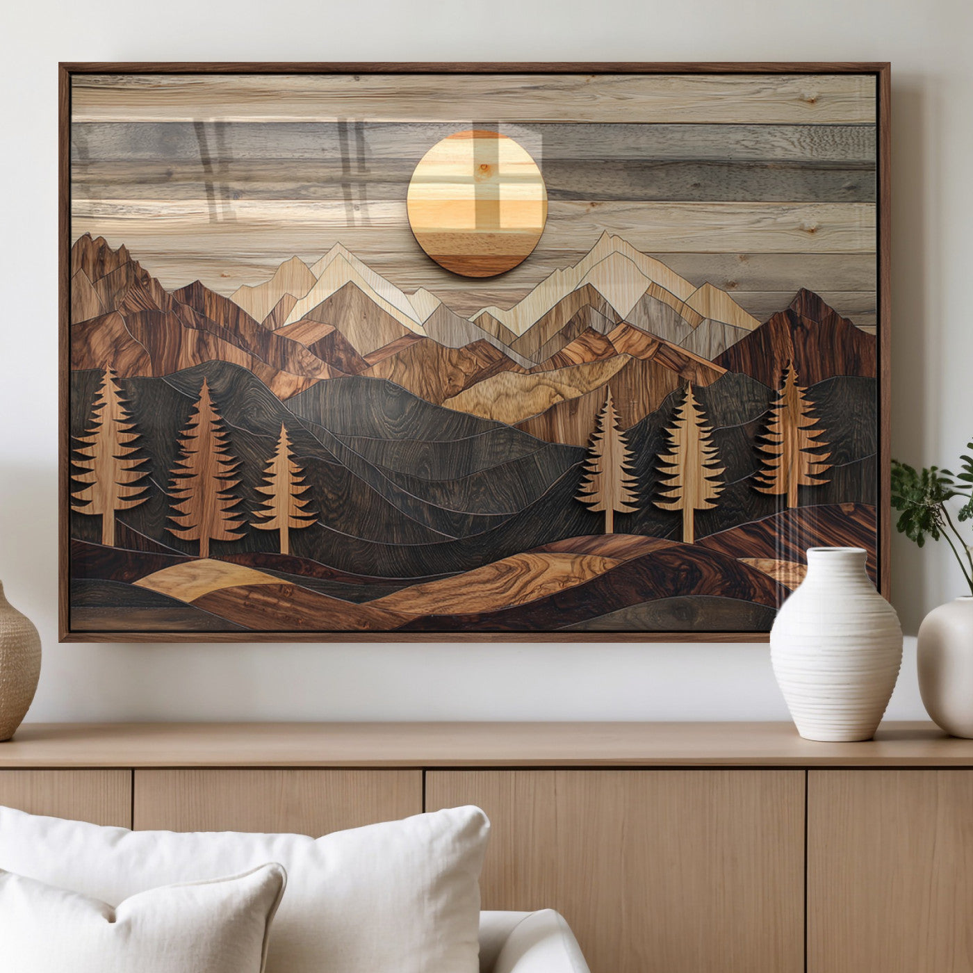 MGV-FP-60X30-3P - Wooden Mountain Layers Canvas Wall Art – Rustic Pine Tree Landscape with Sunlight Artistic Nature