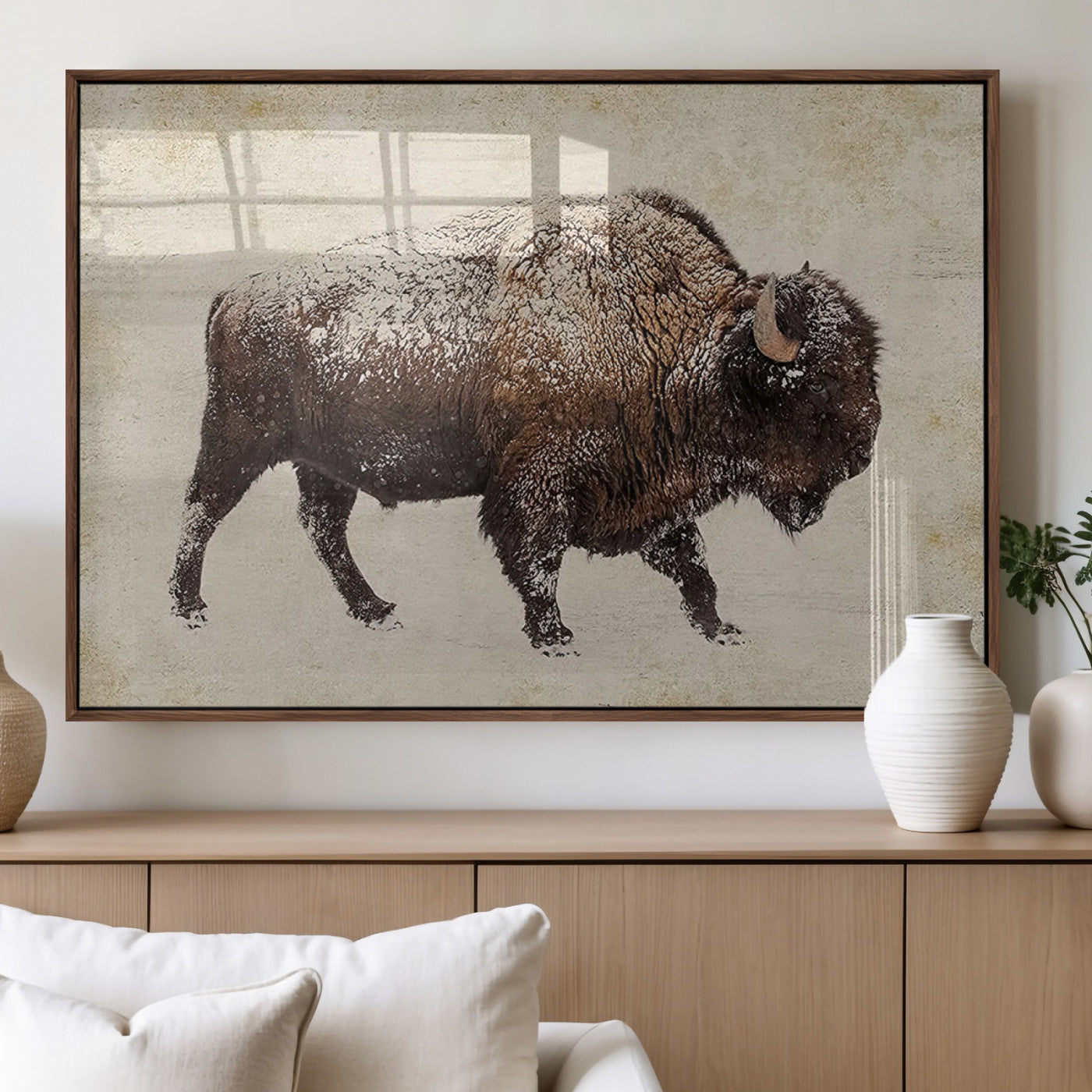 54810031-MGV-CV-60X30-3P_Walnut-Snow-dusted bison silhouette textured vintage style rugged wildlife art with neutral tones perfect for rustic home decor Wall Art Canvas Print design
