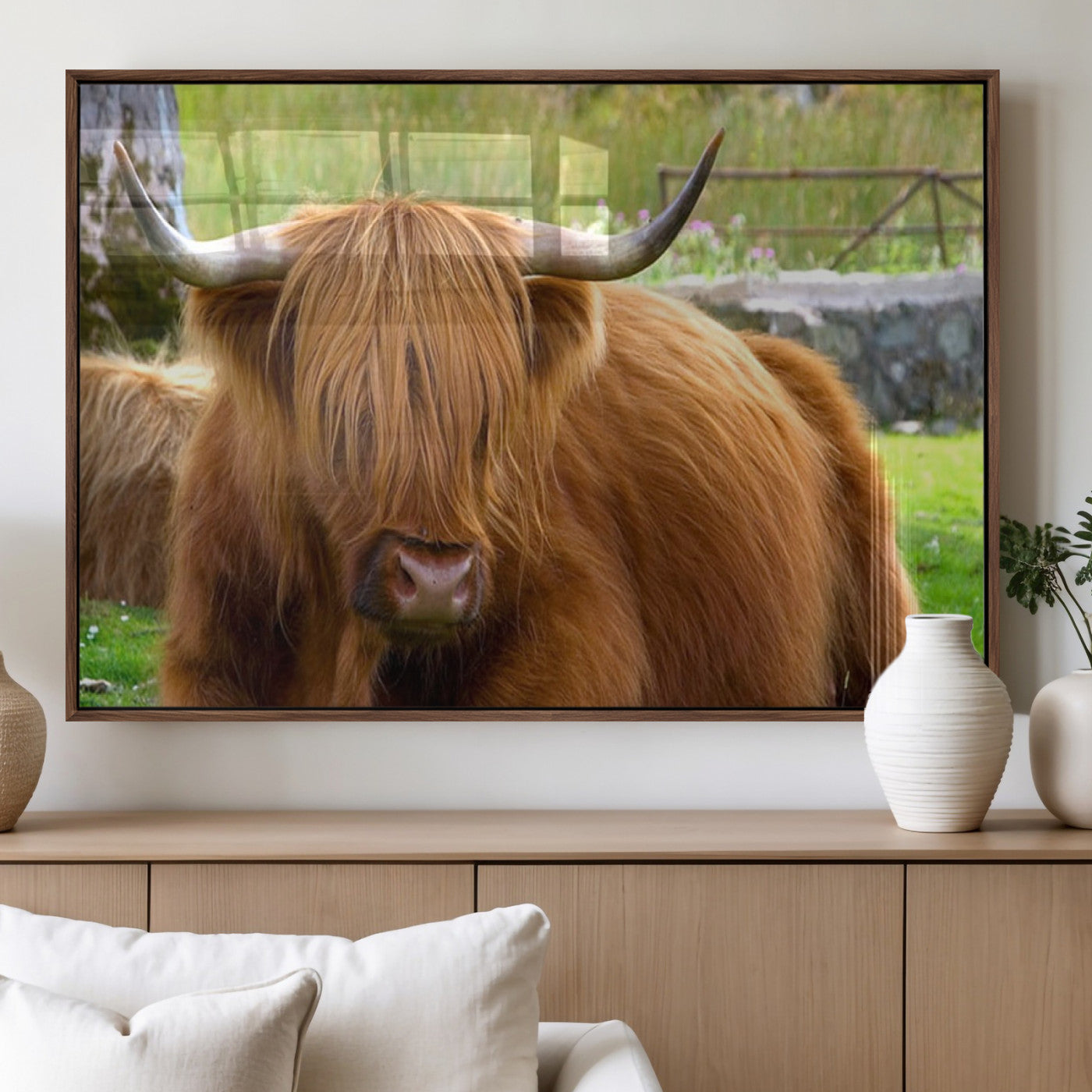 68411138-MGV-CV-60X30-3P_Walnut-Highland Cow Long Hair Rustic Farm Animal Horns Green Pasture Natural Beauty Outdoor Wall Art Canvas Print