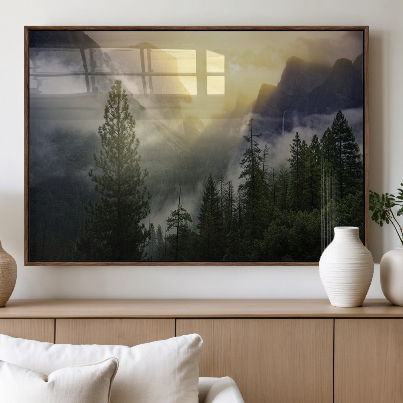 38316884-MGV-CV-60X30-3P_Walnut-Misty Forest Sunrise Mountain Valley Pine Trees Foggy Landscape Nature Scenic Outdoors Calm Tranquil Wall Art Canvas Print
