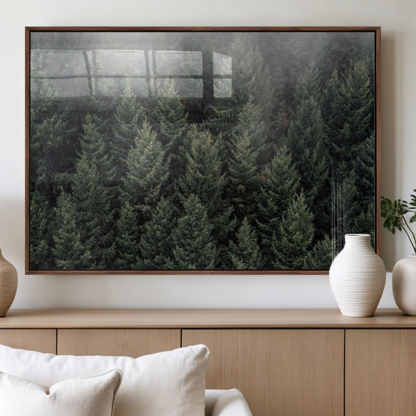 84059409-MGV-CV-60X30-3P_Walnut-Dense Evergreen Forest Misty Morning Fog Pine Trees Woodland Nature Landscape Calm Peaceful Scenic Wall Art Canvas Print