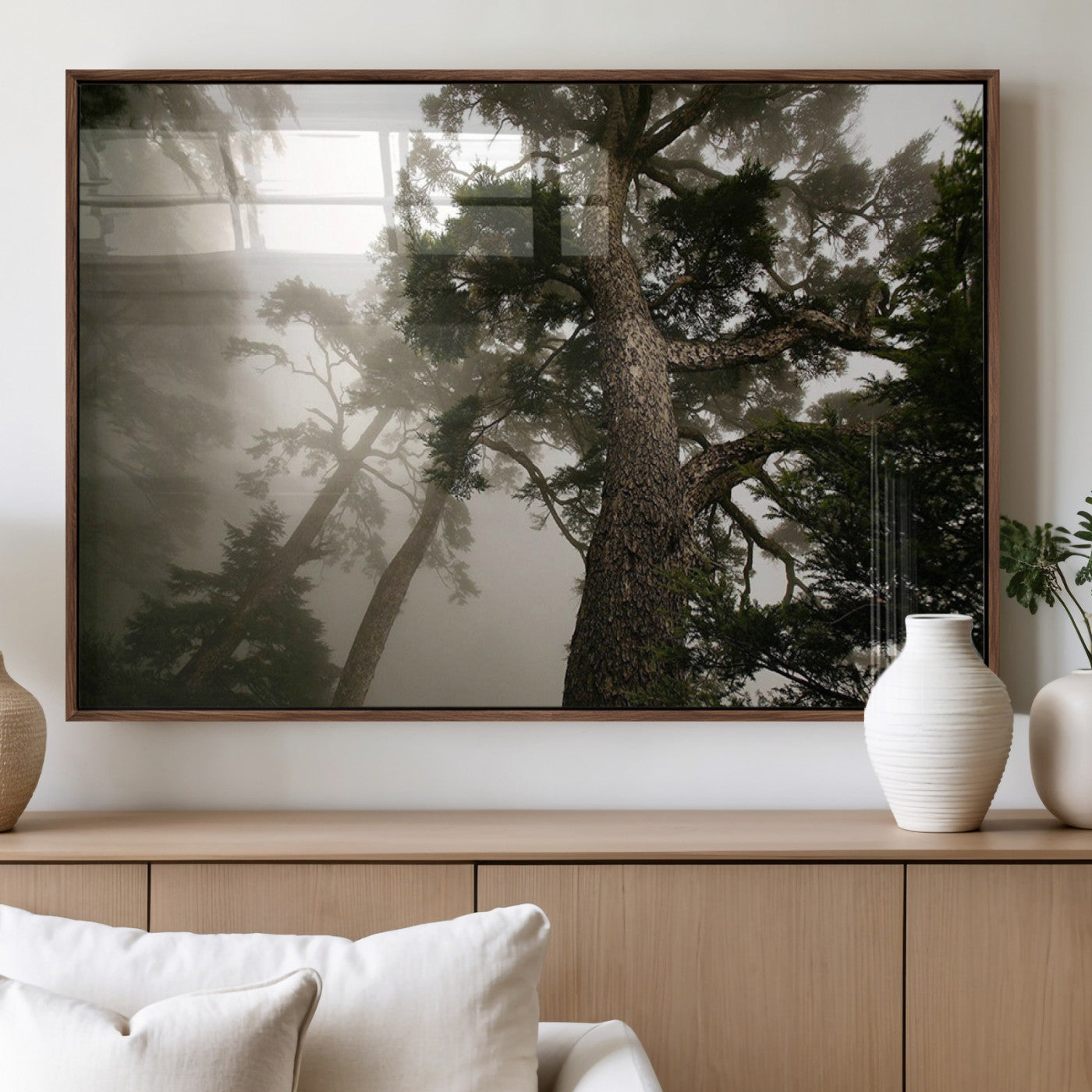 87969493-MGV-CV-60X30-3P_Walnut-Misty Forest Tall Trees Foggy Atmosphere Nature Serenity Calm Wooded Landscape Tranquil Scene Outdoor Beauty Wall Art Canvas Print