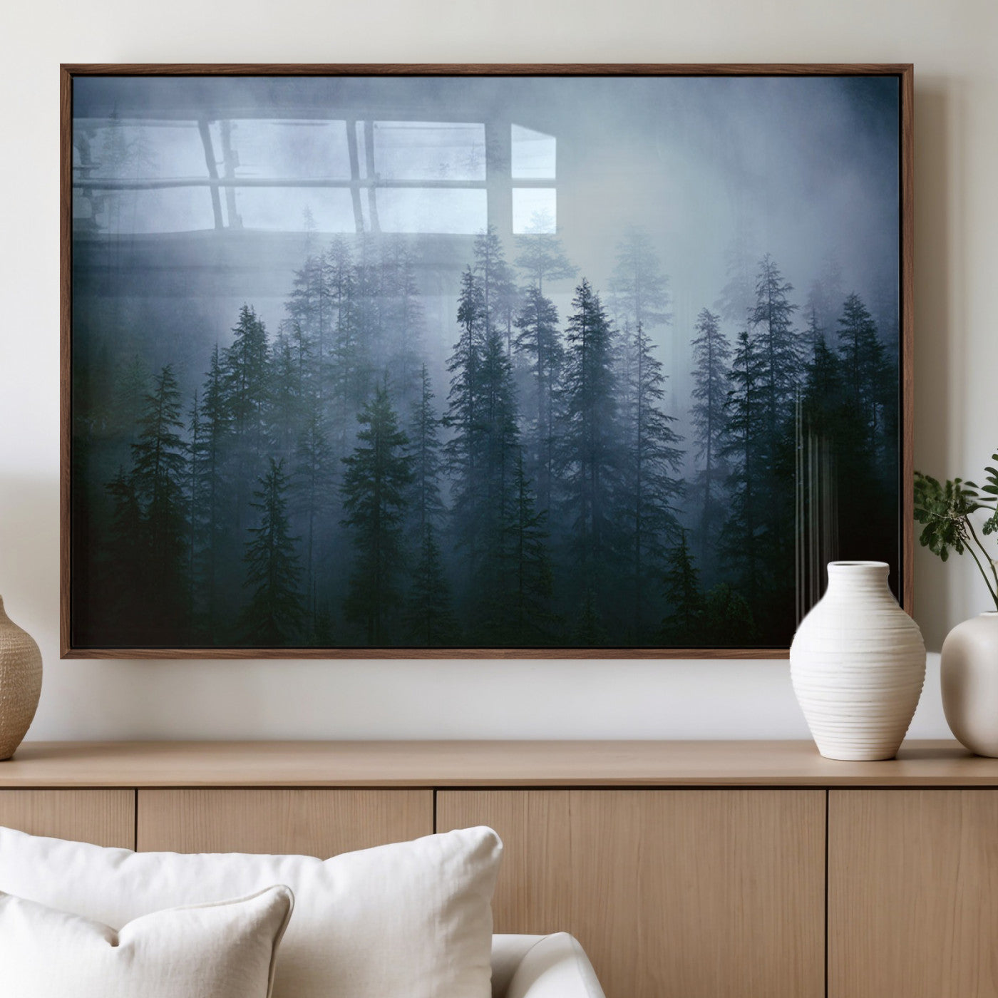 93439624-MGV-CV-60X30-3P_Walnut-Foggy Evergreen Pines Mist Forest Blue Haze Moody Atmospheric Wilderness Nature Trees Scenic Tranquil Peaceful Landscape Wall Art Canvas Print