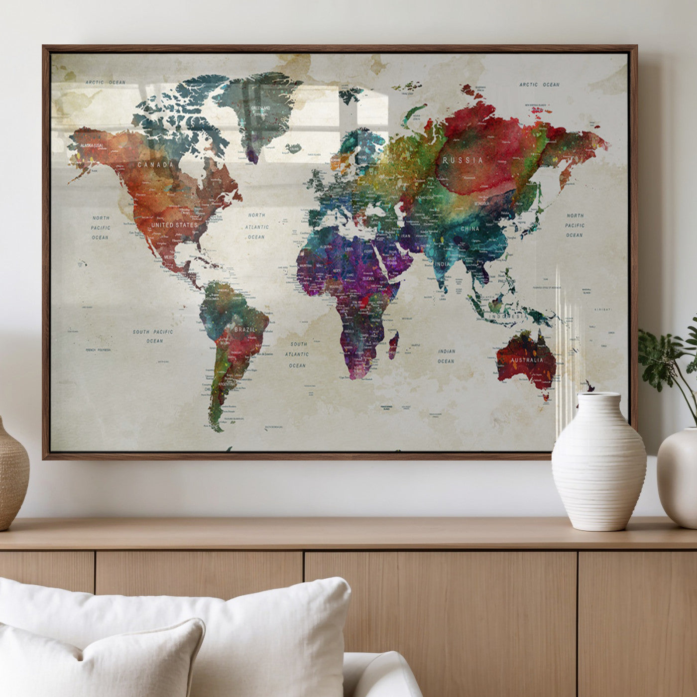 Colorful watercolor world map with countries labeled, featuring rich, vibrant hues across continents on a vintage beige background, Wall Art Canvas Print style.