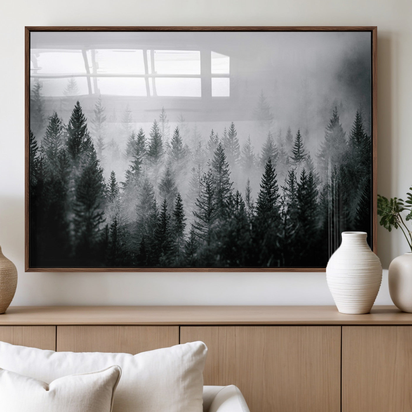 Horizontal black and white canvas wall art of foggy pine forest landscape for modern and rustic home decor