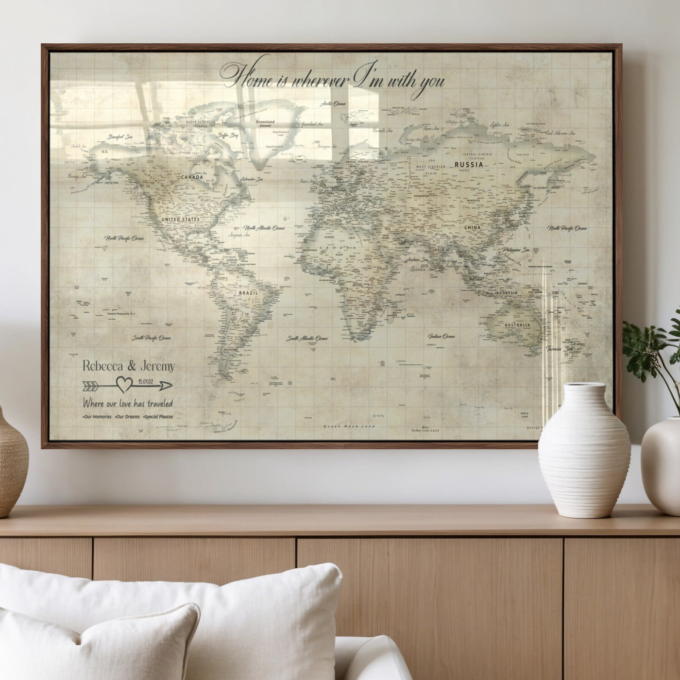 MGV-FP-36X24-3P - Personalized World Map Wall Art Canvas Print – Custom Push Pin Travel Map for Couples, Families, or Office Décor