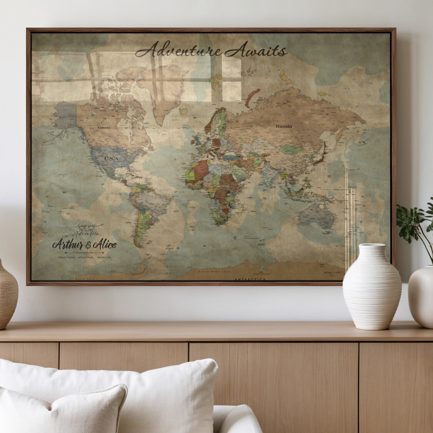 MGV-FP-36X24-3P - Personalized World Map Wall Art Canvas Print – Custom Push Pin Travel Map for Couples, Families, or Office Décor