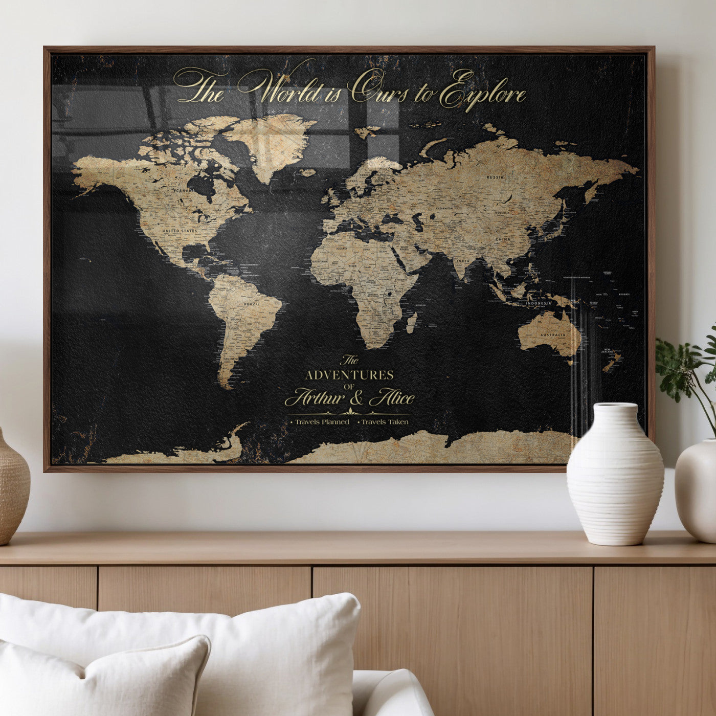 MGV-FP-36X24-3P - Personalized World Map Wall Art Canvas Print – Custom Push Pin Travel Map for Couples, Families, or Office Décor