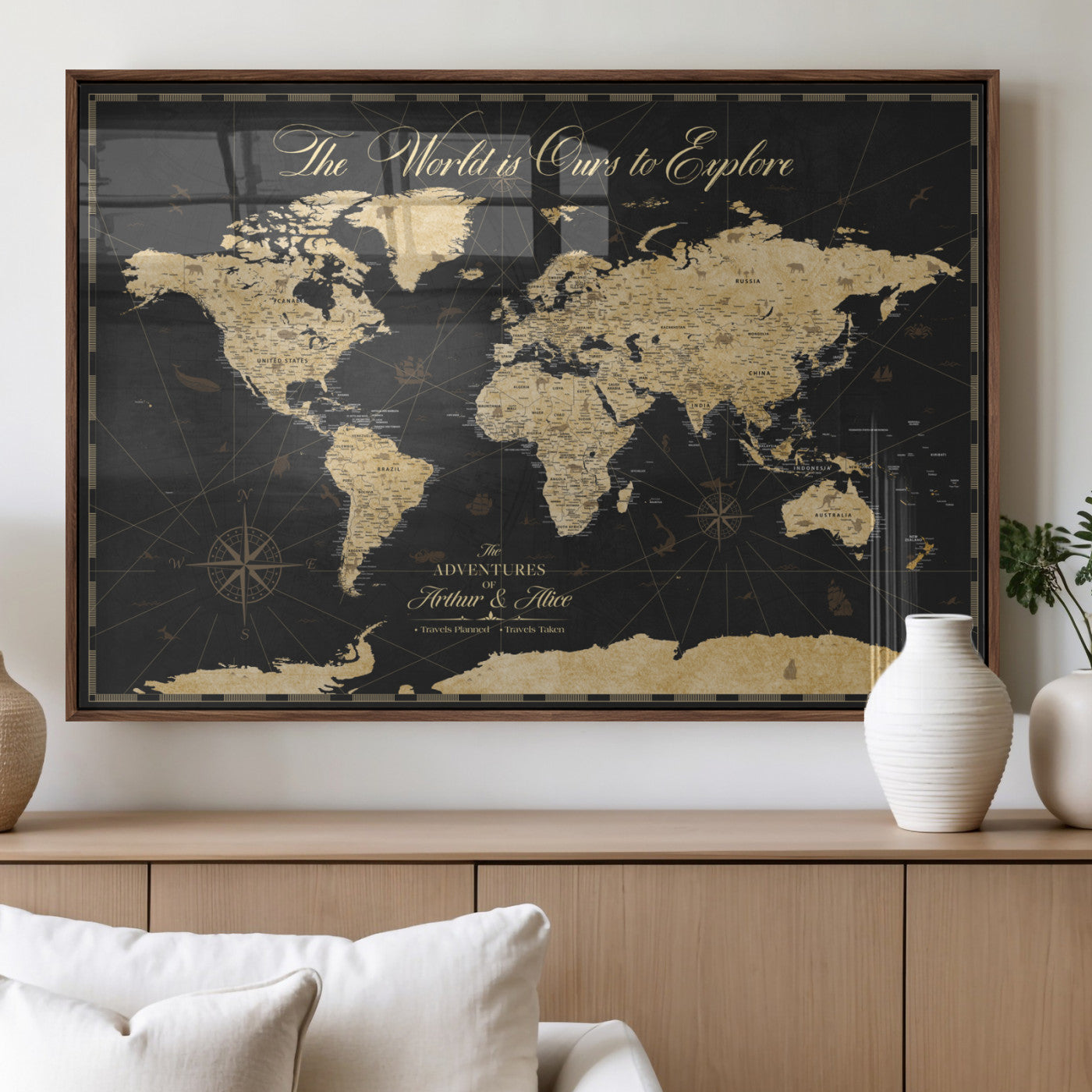 MGV-FP-36X24-3P - Personalized World Map Wall Art Canvas Print – Custom Push Pin Travel Map for Couples, Families, or Office Décor