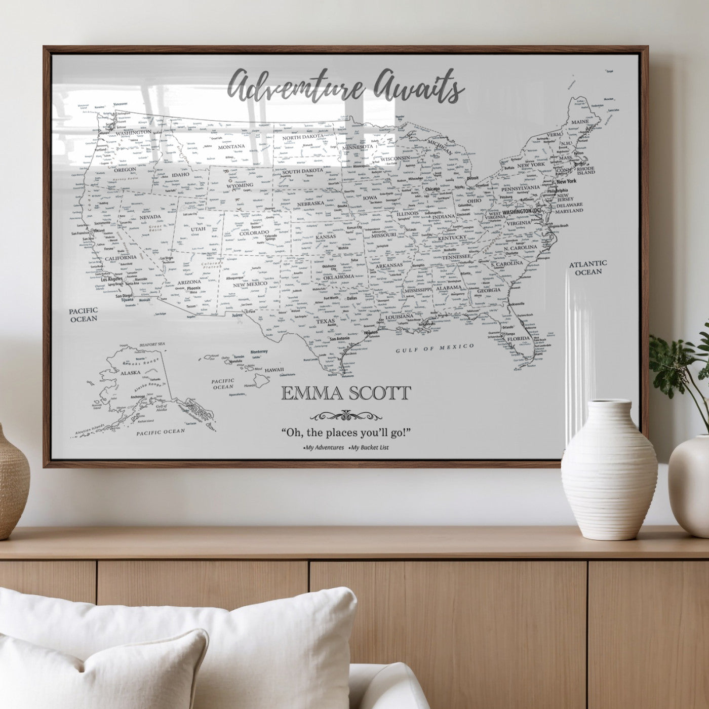 MGV-FP-36X24-3P - Personalized US Map Wall Art Canvas Print – Custom Push Pin Travel United States US Map for Couples, Families, or Office Décor