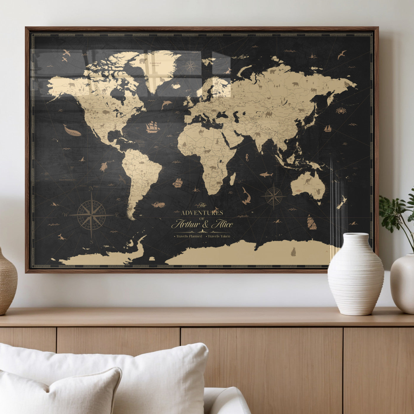 MGV-FP-36X24-3P - Personalized World Map Wall Art Canvas Print – Custom Push Pin Travel Map for Couples, Families, or Office Décor