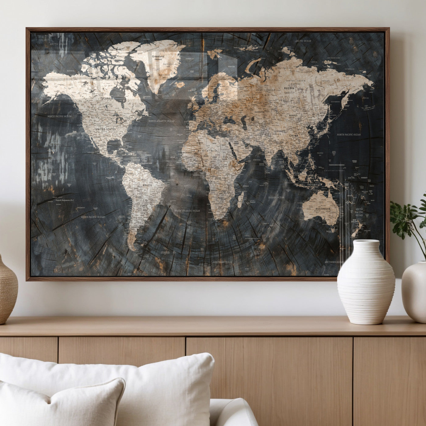 57626704-MGV-FP-36X24 - World Map Wall Art Canvas Print, Modern Decorative Framed Map Artwork Prints for Living Room, Office, Bedroom Wall Decor