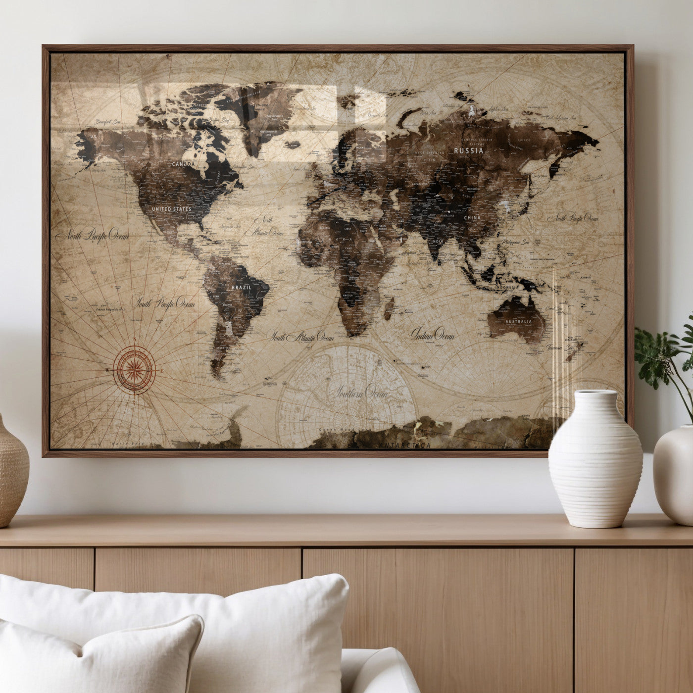 97114757-MGV-FP-36X24 - Vintage World Map Wall Art Canvas Print, Modern Decorative Framed Map Artwork Prints for Living Room, Office, Bedroom Wall Decor