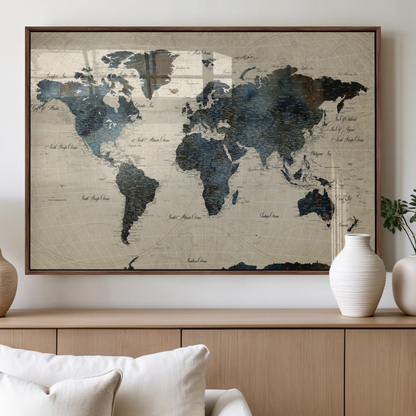 33438443-MGV-FP-36X24 - World Map Wall Art Canvas Print, Modern Decorative Framed Map Artwork Prints for Living Room, Office, Bedroom Wall Decor