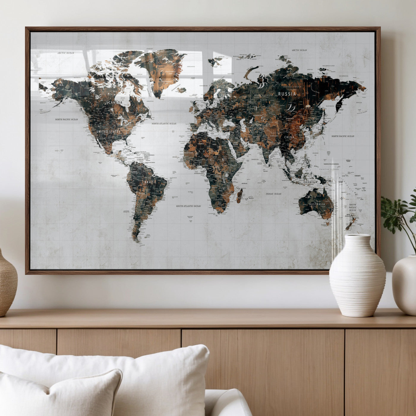 60008766-MGV-CV-36X24 - World Map Wall Art Canvas Print, Modern Decorative Framed Map Artwork Prints for Living Room, Office, Bedroom Wall Decor