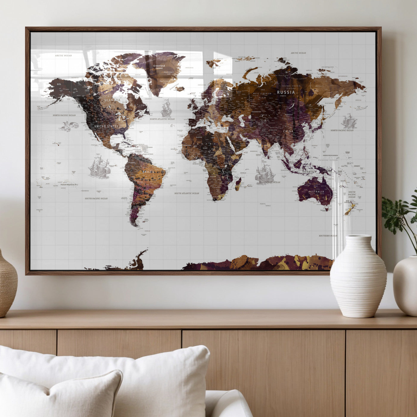 34792695-MGV-CV-36X24 - World Map Wall Art Canvas Print, Modern Decorative Framed Map Artwork Prints for Living Room, Office, Bedroom Wall Decor