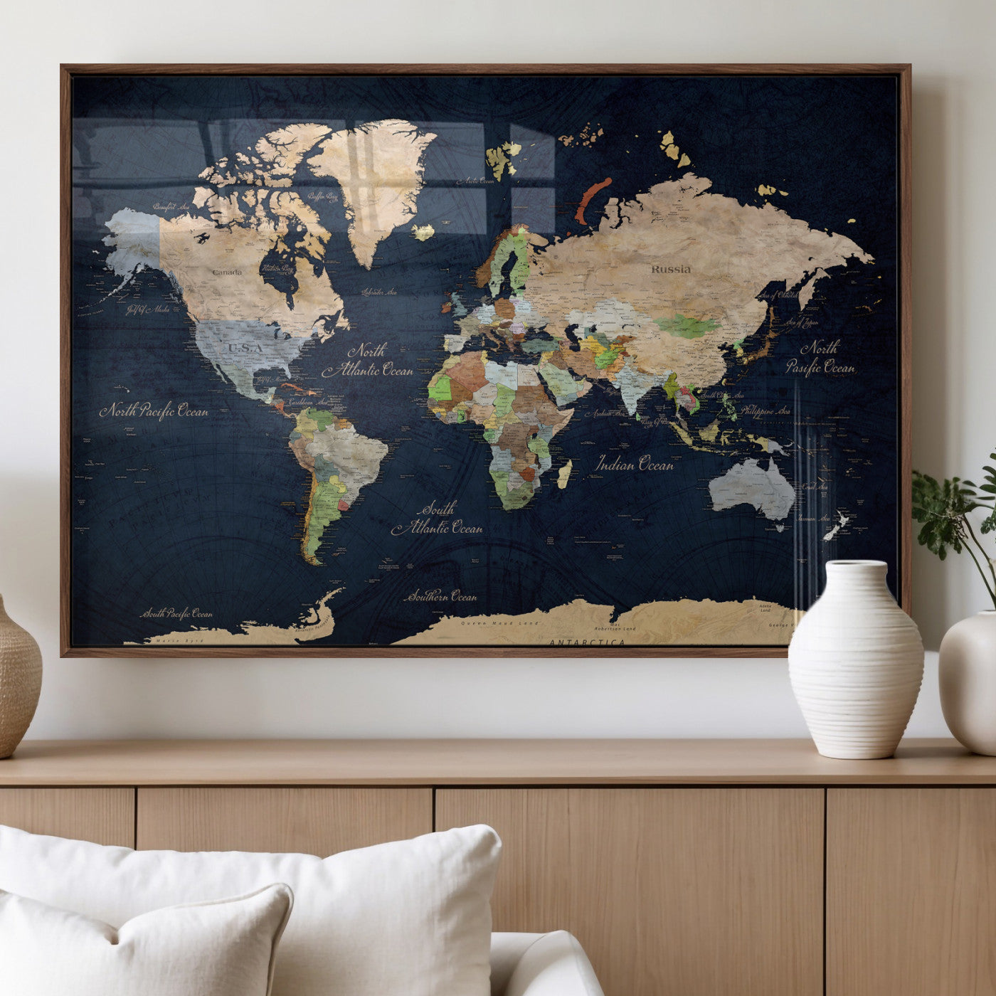 76603563-MGV-CV-36X24 - World Map Wall Art Canvas Print, Modern Decorative Framed Map Artwork Prints for Living Room, Office, Bedroom Wall Decor