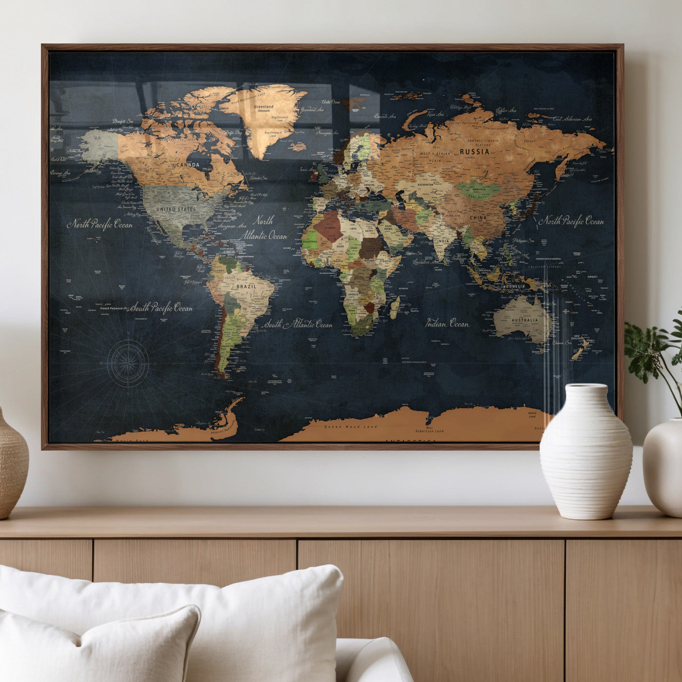 53717402-MGV-CV-36X24 - World Map Wall Art Canvas Print, Modern Decorative Framed Map Artwork Prints for Living Room, Office, Bedroom Wall Decor