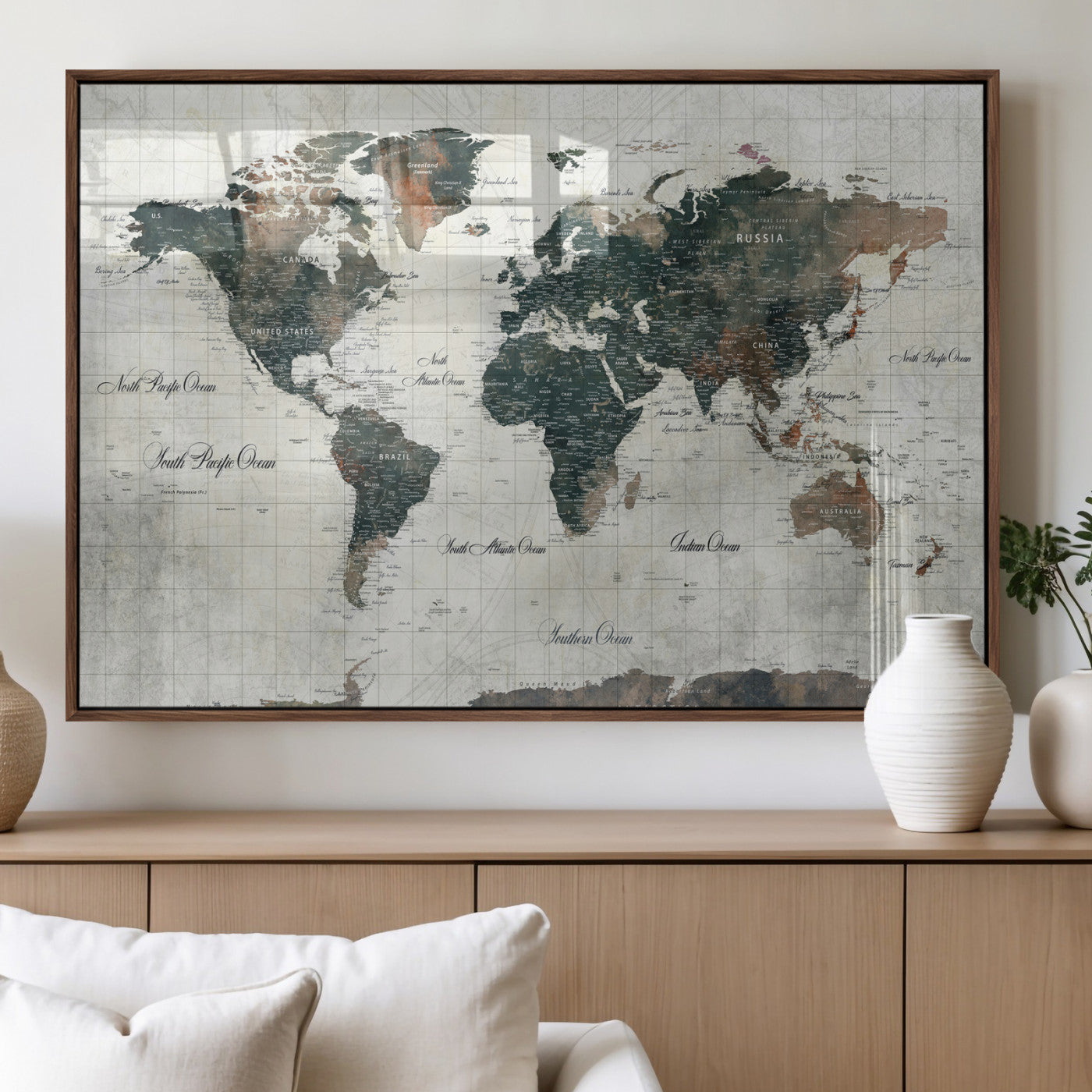 91179593-MGV-CV-36X24 - World Map Wall Art Canvas Print, Modern Decorative Framed Map Artwork Prints for Living Room, Office, Bedroom Wall Decor