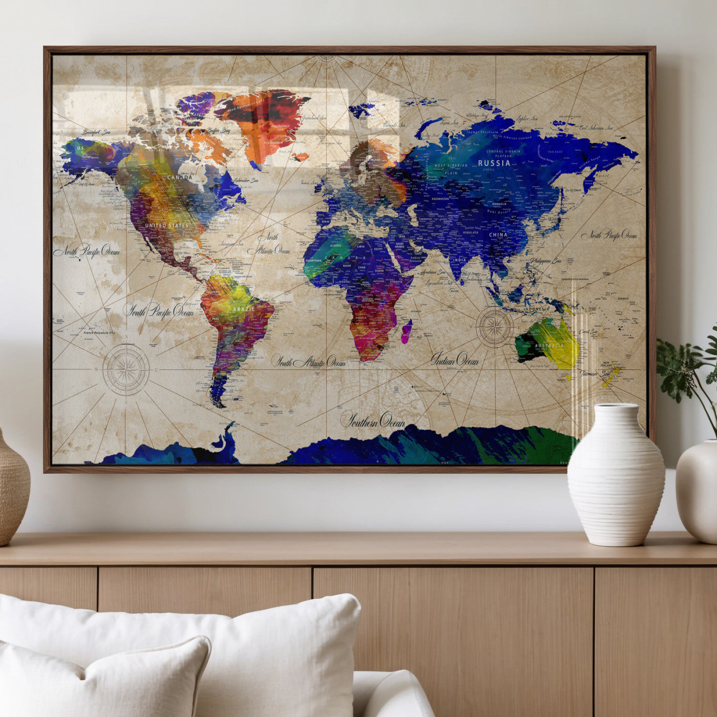 26284075-MGV-CV-36X24 - World Map Wall Art Canvas Print, Modern Decorative Framed Map Artwork Prints for Living Room, Office, Bedroom Wall Decor
