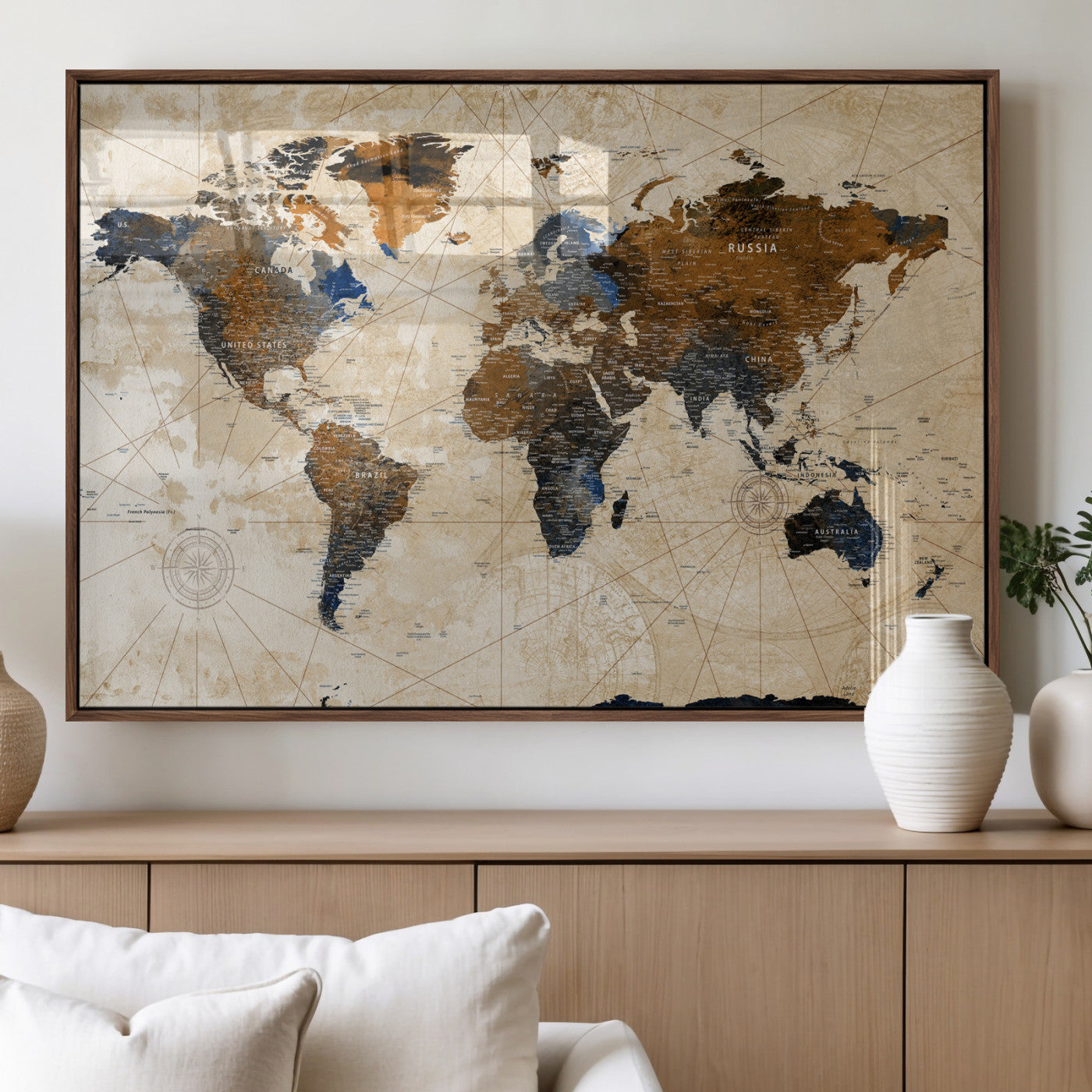 15727090-MGV-CV-36X24 - World Map Wall Art Canvas Print, Modern Decorative Framed Map Artwork Prints for Living Room, Office, Bedroom Wall Decor