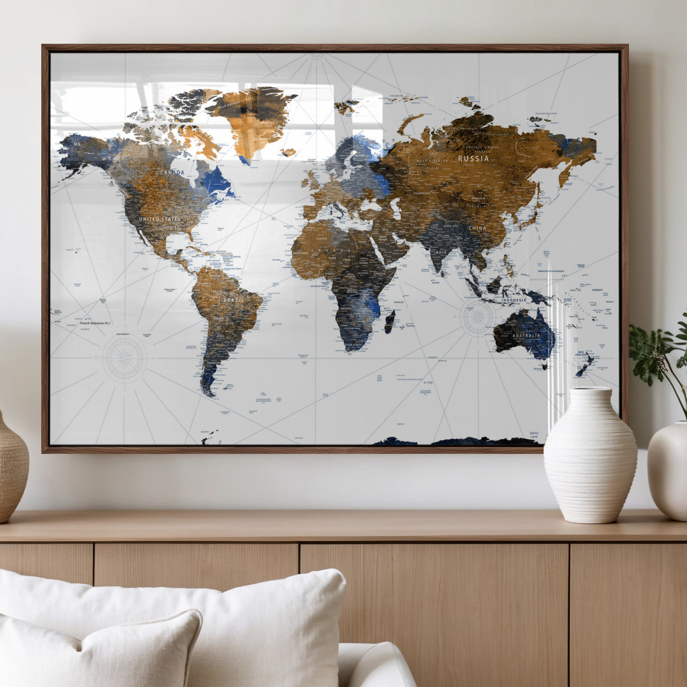 56364879-MGV-CV-36X24 - World Map Wall Art Canvas Print, Modern Decorative Framed Map Artwork Prints for Living Room, Office, Bedroom Wall Decor