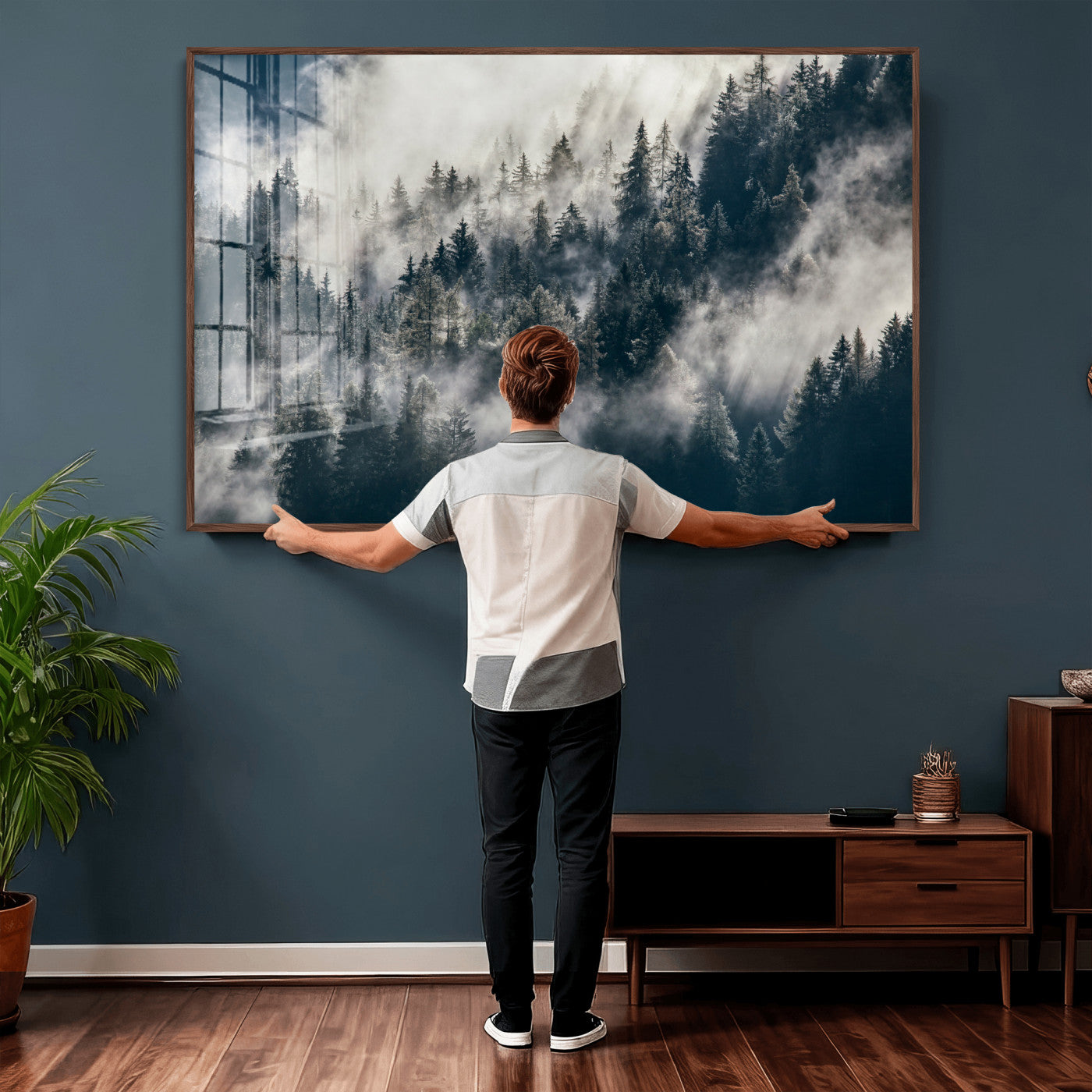 63405824-MGV-CV-36X24 - Foggy Mountain Forest Canvas Print, Misty Pine Trees Nature Wall Art, Framed Canvas Ready to Hang