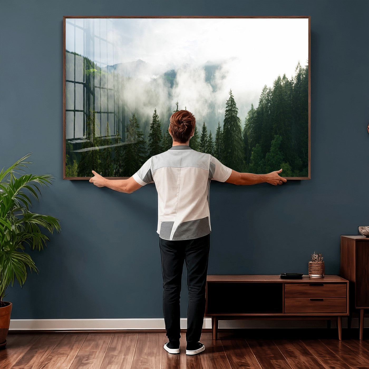 67174129-MGV-CV-36X24 - Misty Mountain Forest Canvas Print, Foggy Pine Trees Nature Wall Art, Framed Canvas Ready to Hang