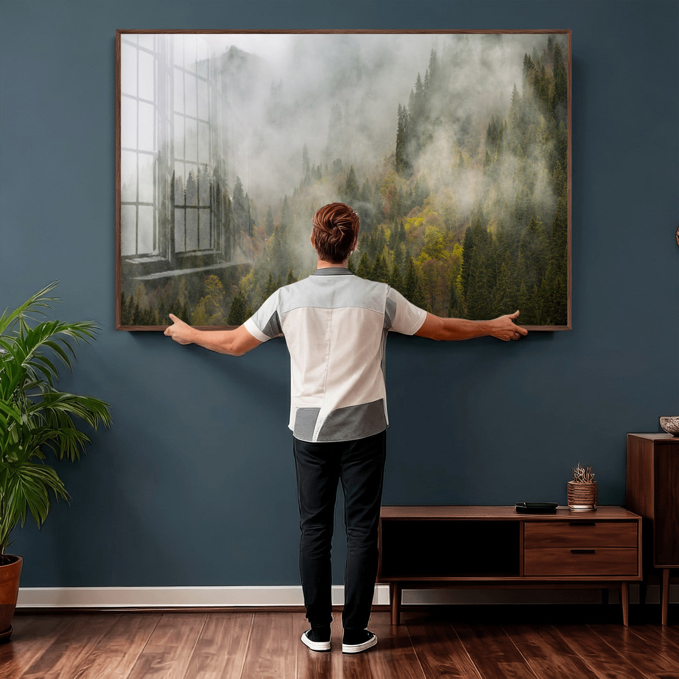 31152954-MGV-CV-36X24 - Misty Mountain Forest Canvas Print, Foggy Pine Trees Nature Wall Art, Framed Canvas Ready to Hang