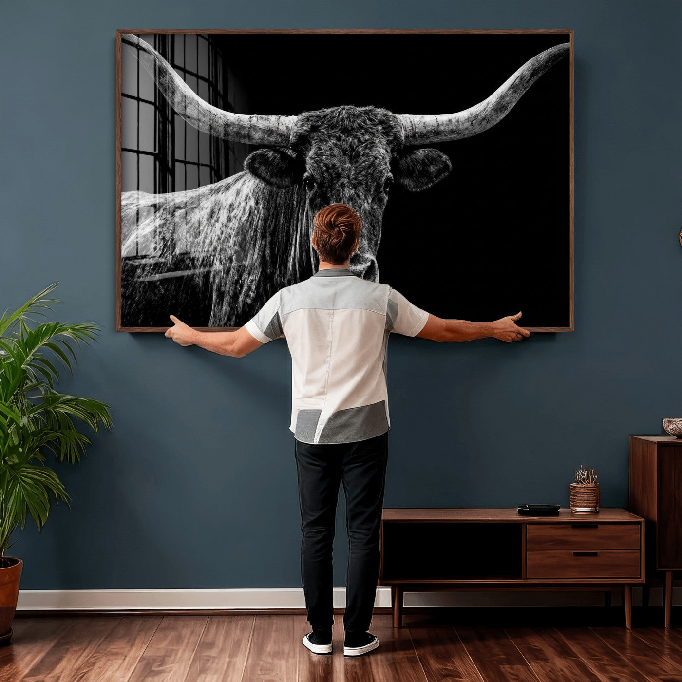 86568508-MGV-CV-36X24 - Vintage Texas Longhorn Bull Wall Art Canvas Print, Texas Cow Portrait Print, Framed Bull Wall Art Ready to Hang