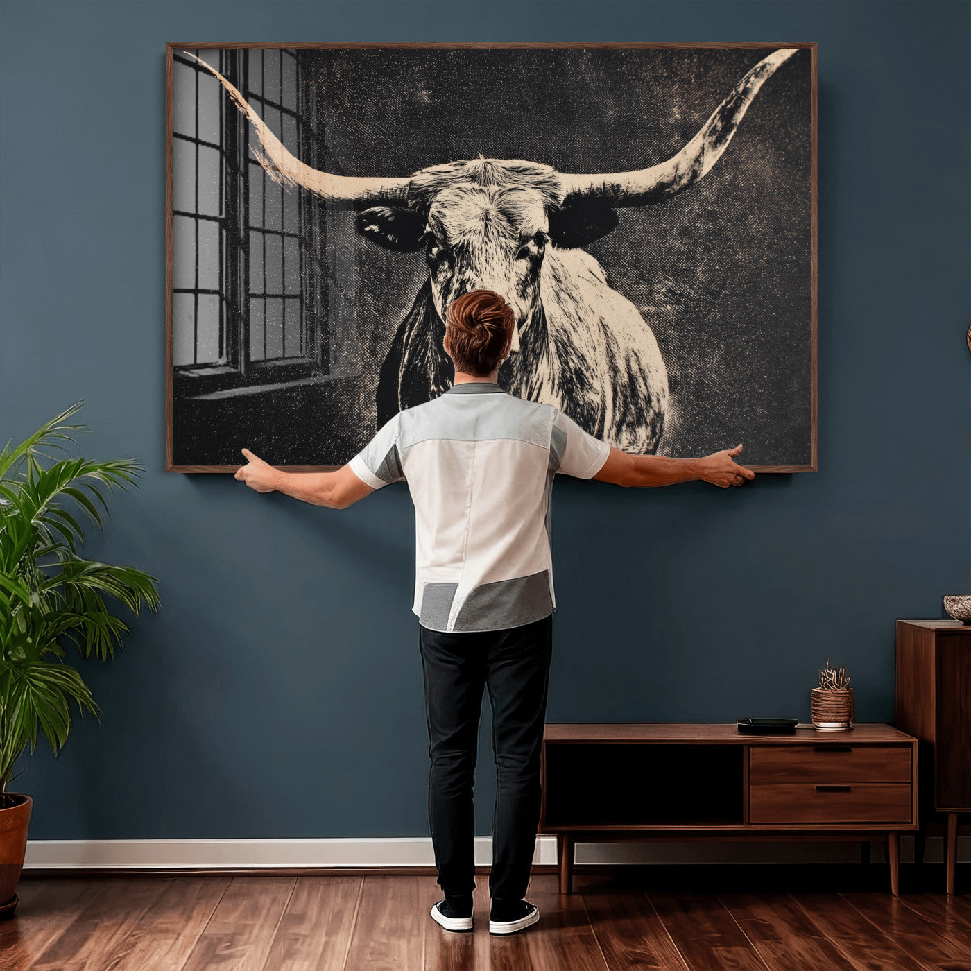 27394218-MGV-CV-36X24 - Vintage Texas Longhorn Bull Wall Art Canvas Print, Cow Portrait Photography Print, Framed Wall Art Ready to Hang