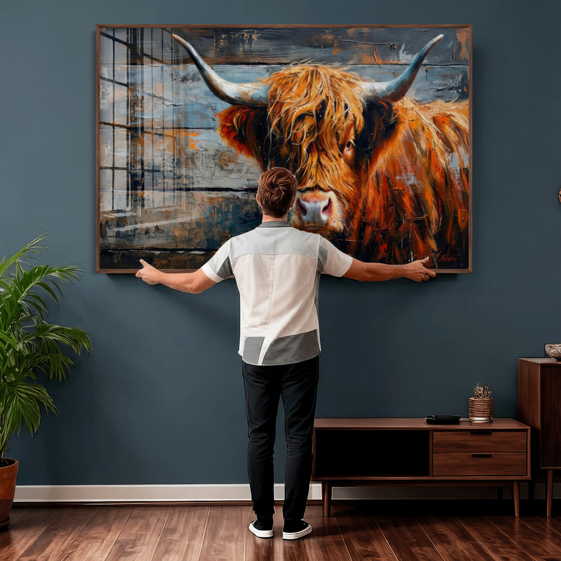 Highland Cow Wall Art Canvas Print, Abstract Rustic Farm Animal