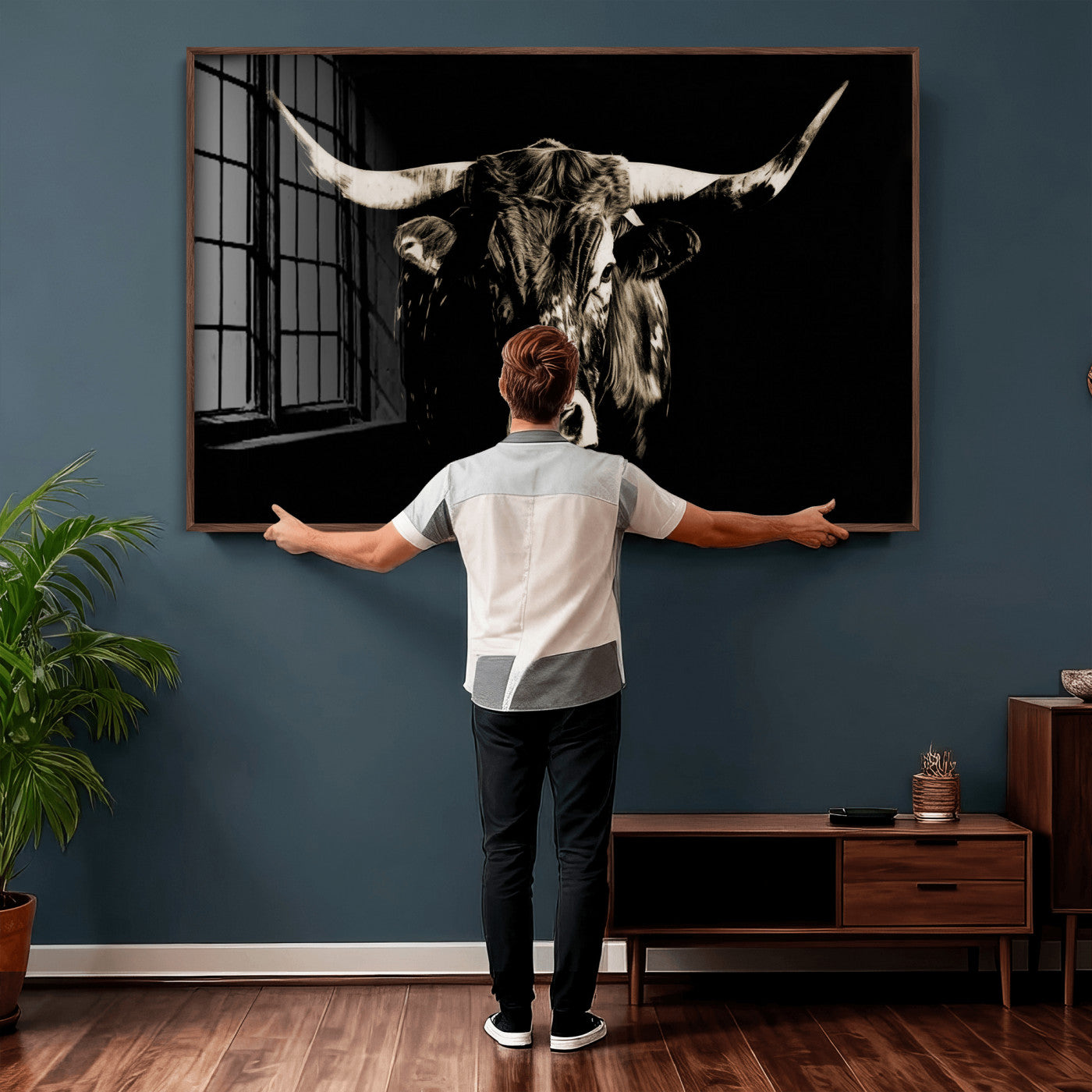 75774468-MGV-CV-36X24 - Black Bull Wall Art Canvas Print, Dark Longhorn Portrait Photography, Framed Wall Art Ready to Hang
