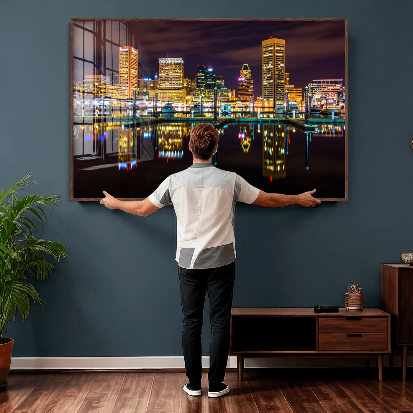 38201692-MGV-CV-36X24 - Baltimore Skyline Wall Art Canvas Print, Baltimore Downtown Night Cityscape Print for Modern Urban Wall Decor