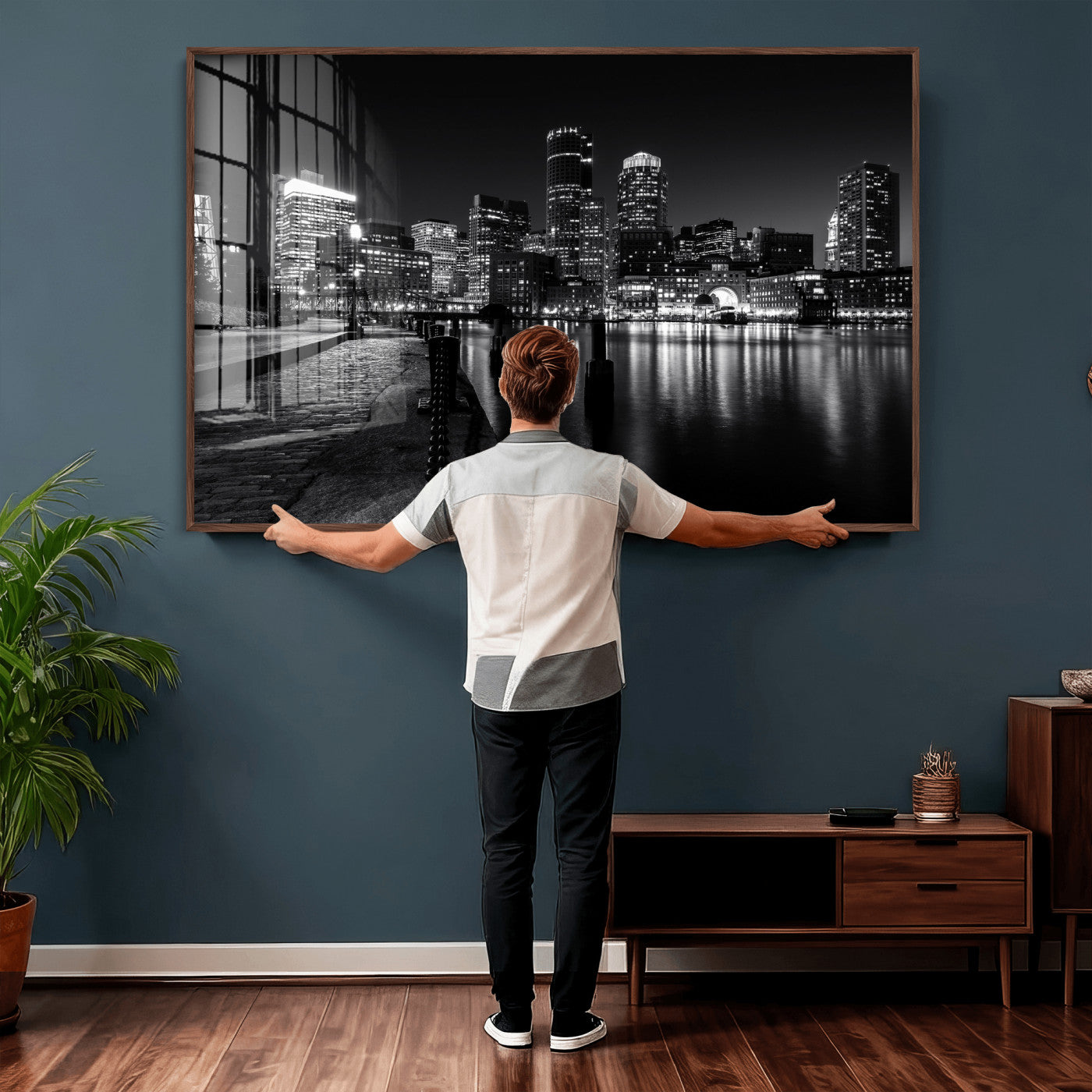 53082656-MGV-CV-36X24 - Boston Wall Art Canvas Print, Boston City Downtown Night Cityscape Print for Modern Urban Wall Decor