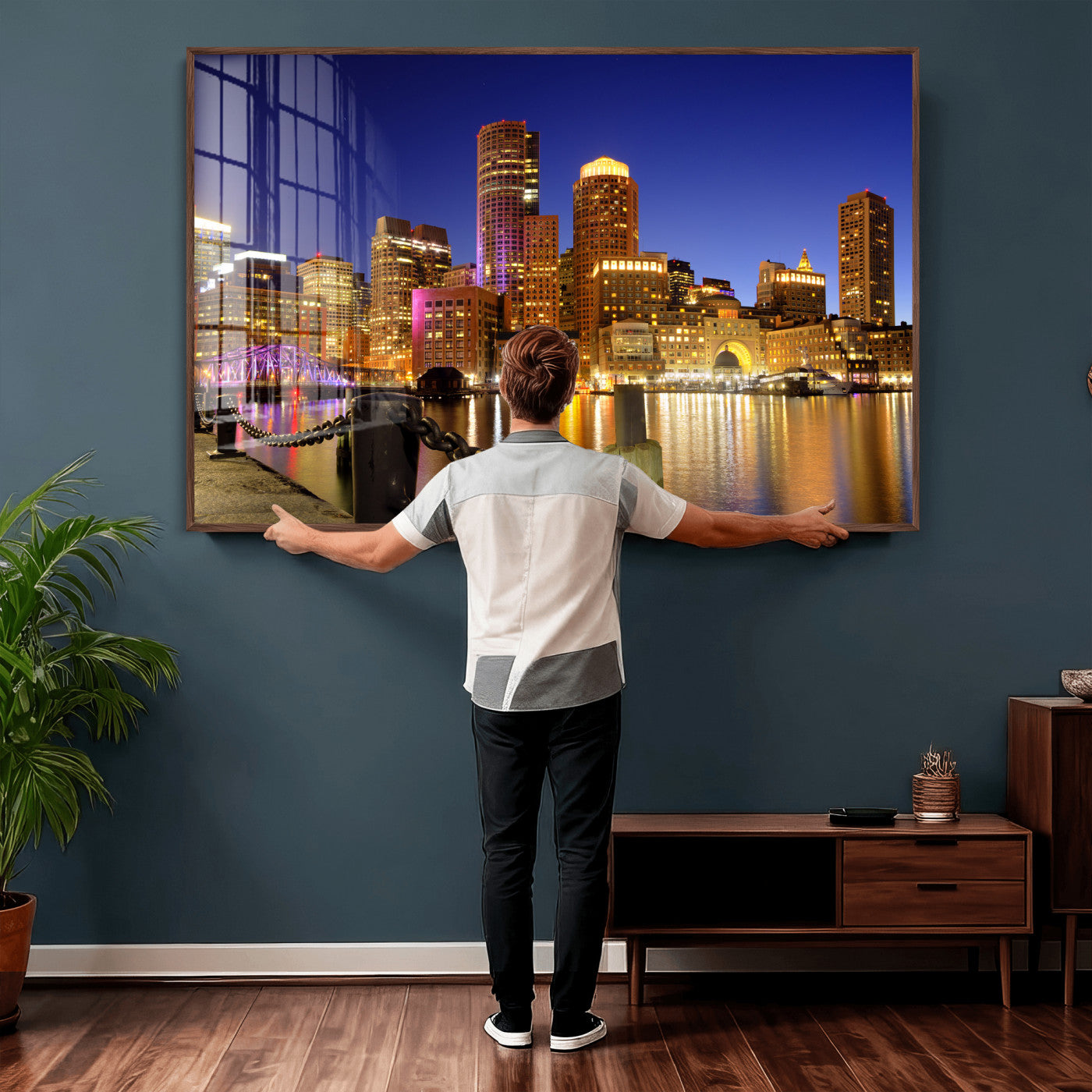56611117-MGV-CV-36X24 - Boston Wall Art Canvas Print, Boston City Downtown Night Cityscape Print for Modern Urban Wall Decor