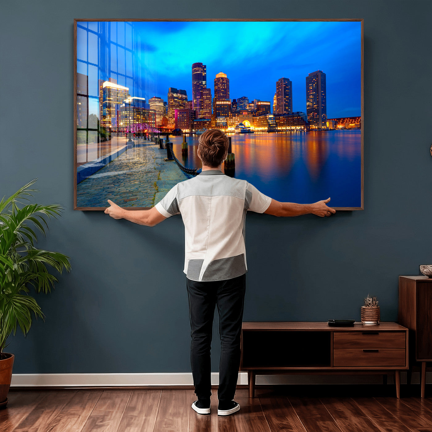69619565-MGV-CV-36X24 - Boston Wall Art Canvas Print, Boston City Downtown Night Cityscape Print for Modern Urban Wall Decor