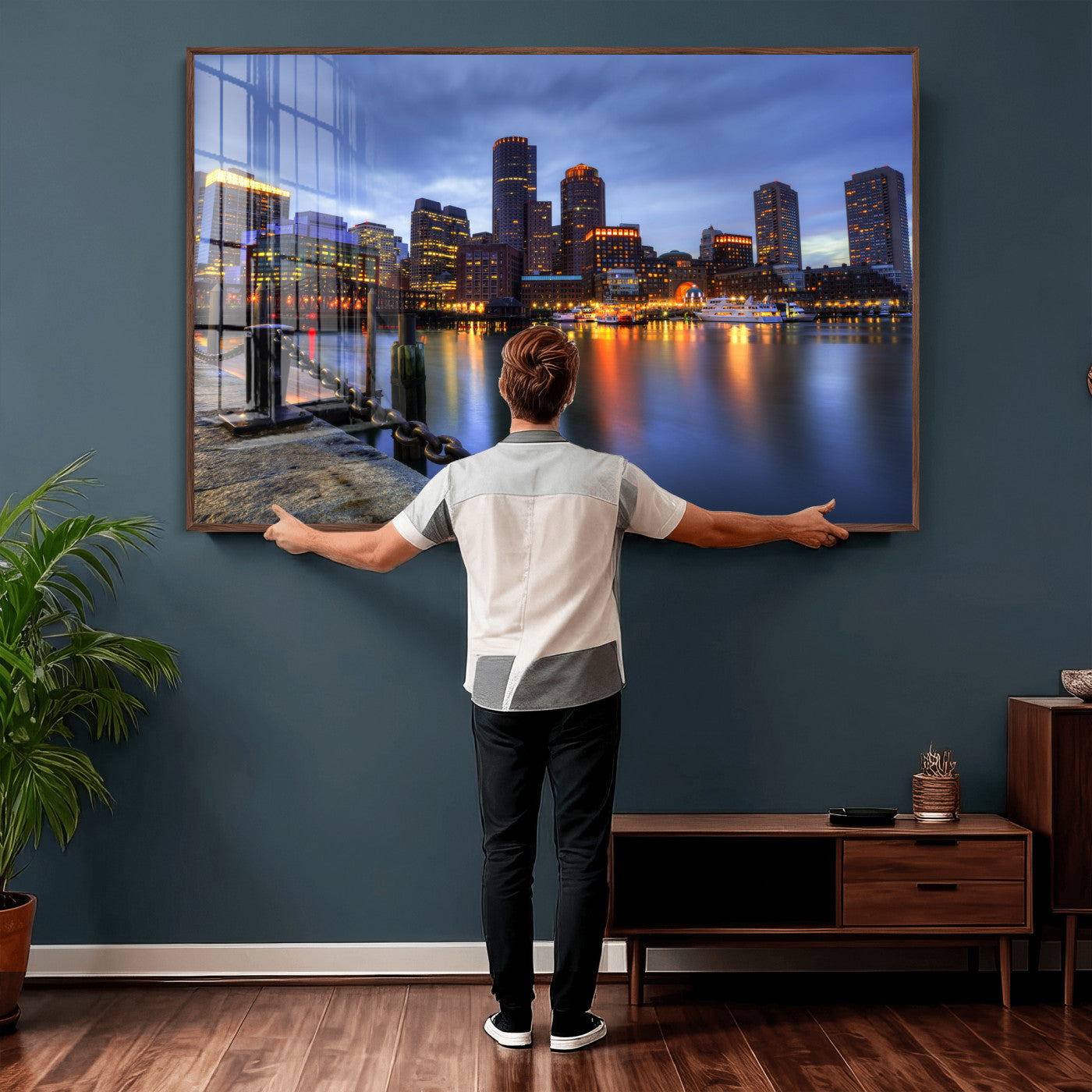 82439622-MGV-CV-36X24 - Boston Wall Art Canvas Print, Boston City Downtown Night Cityscape Print for Modern Urban Wall Decor