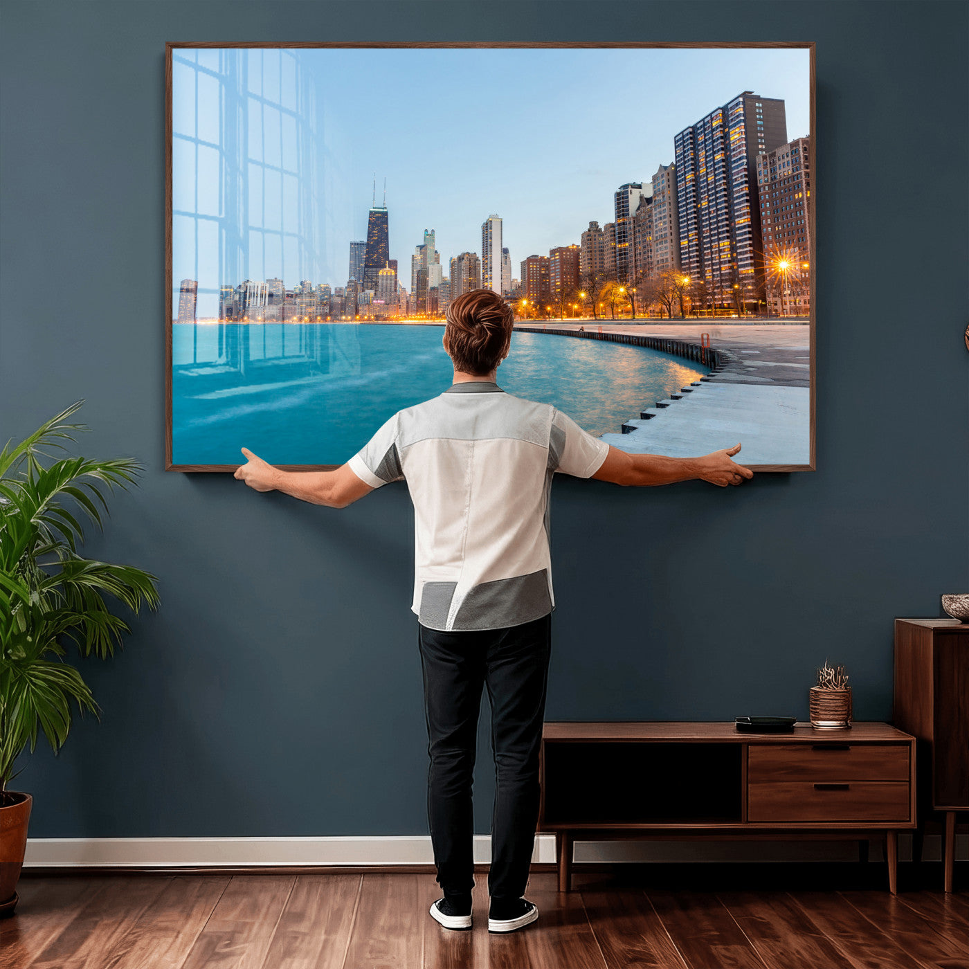 66780141-MGV-CV-36X24 - Chicago Wall Art Canvas Print, Chicago City Downtown Night Cityscape Print for Modern Urban Wall Decor