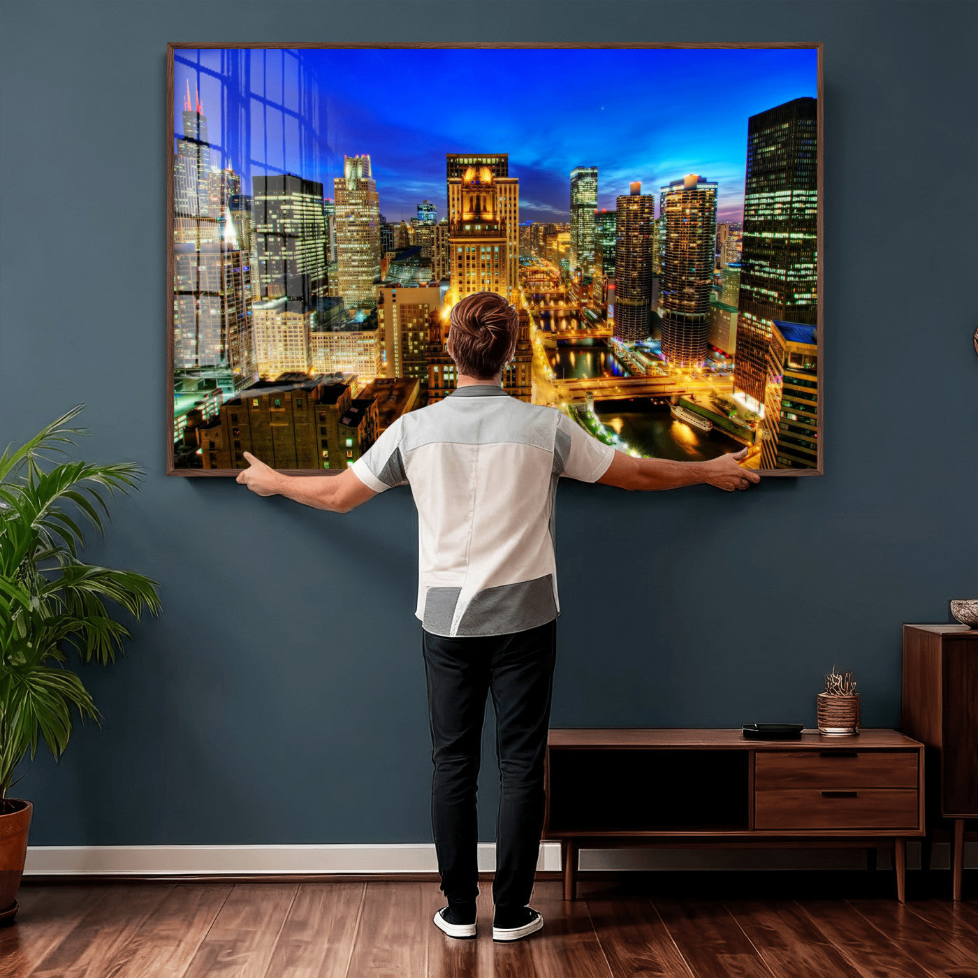 46298885-MGV-CV-36X24 - Chicago Wall Art Canvas Print, Chicago City Downtown Night Cityscape Print for Modern Urban Wall Decor