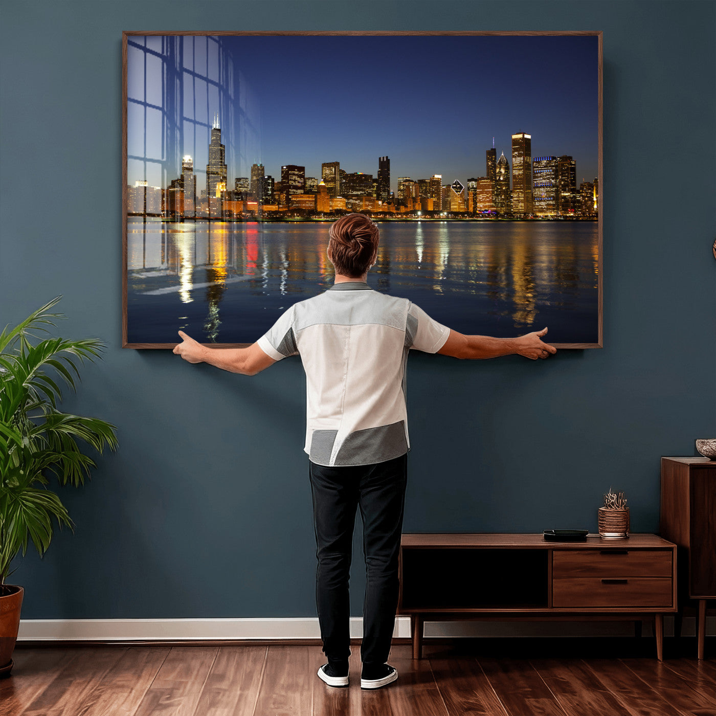 67308035-MGV-CV-36X24 - Chicago Wall Art Canvas Print, Chicago City Downtown Night Cityscape Print for Modern Urban Wall Decor