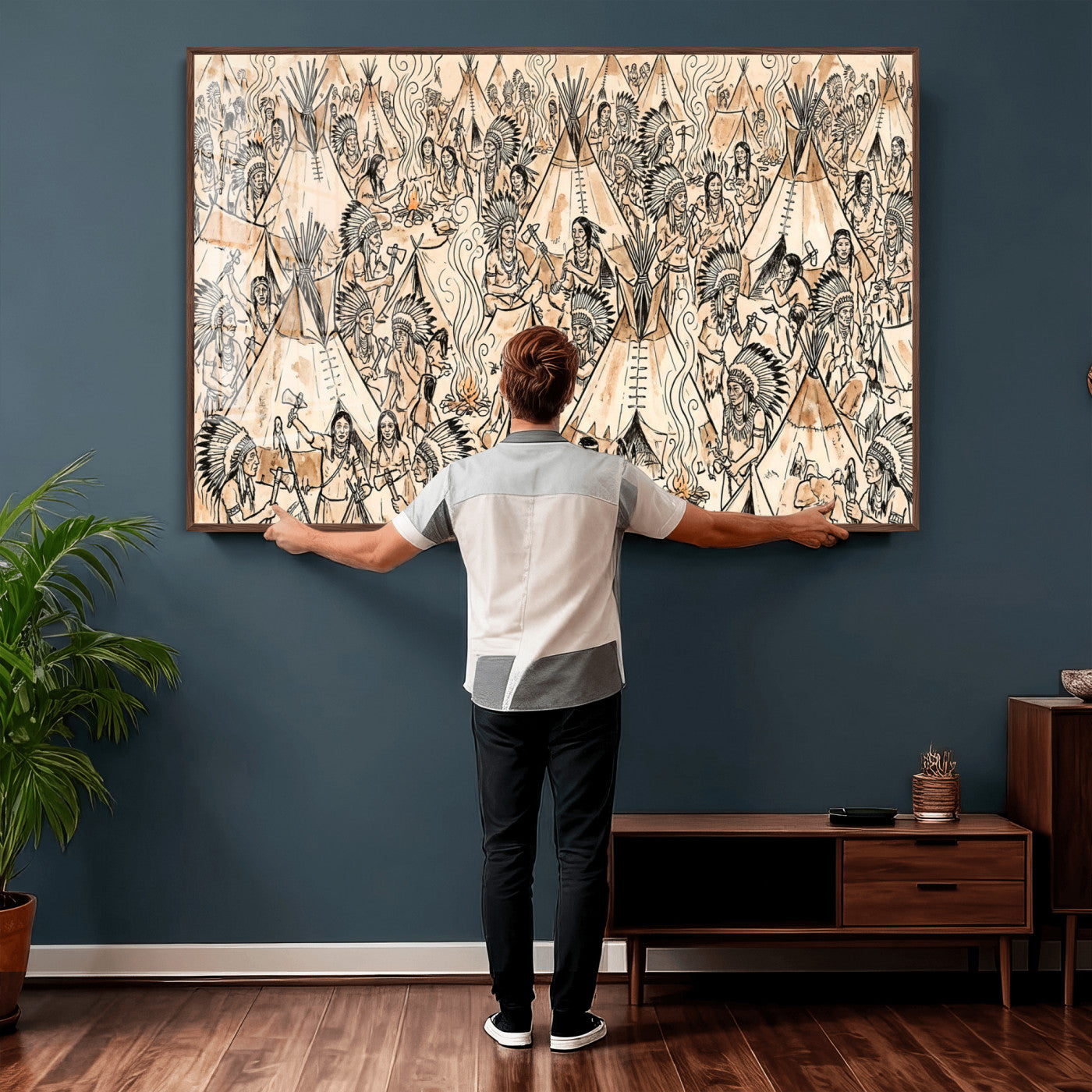 72739176-MGV-CV-36X24 - Farmhouse Animals Wall Art Canvas Print - Abstract Farm Animal Drawing Mid-Century Wall Art for Cabin Decor