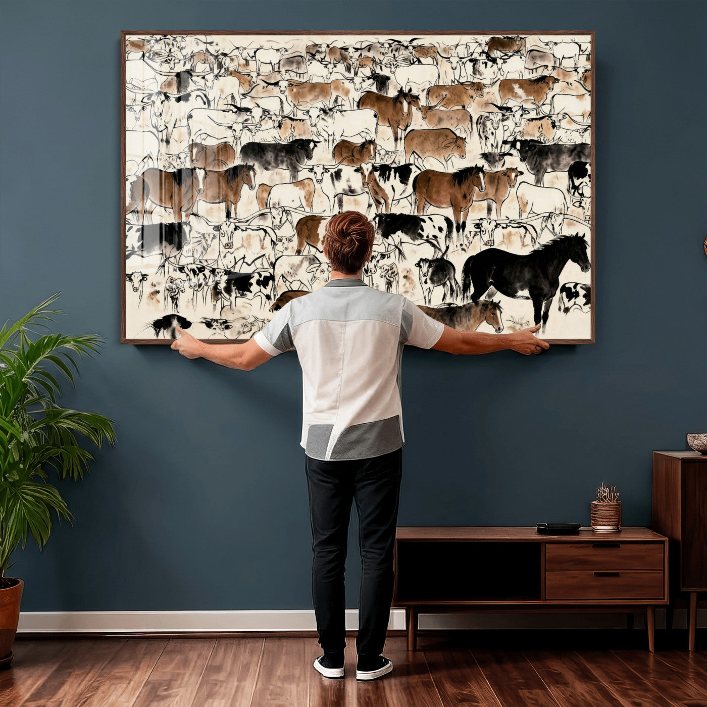 86150485-MGV-CV-36X24 - Farmhouse Animals Wall Art Canvas Print - Abstract Farm Animal Drawing Mid-Century Wall Art for Cabin Decor