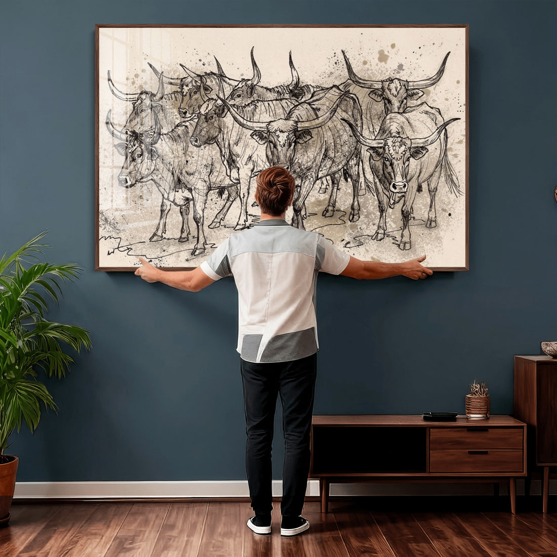 Abstract Cow Longhorn Wall Art Canvas Print for Cabin Decor